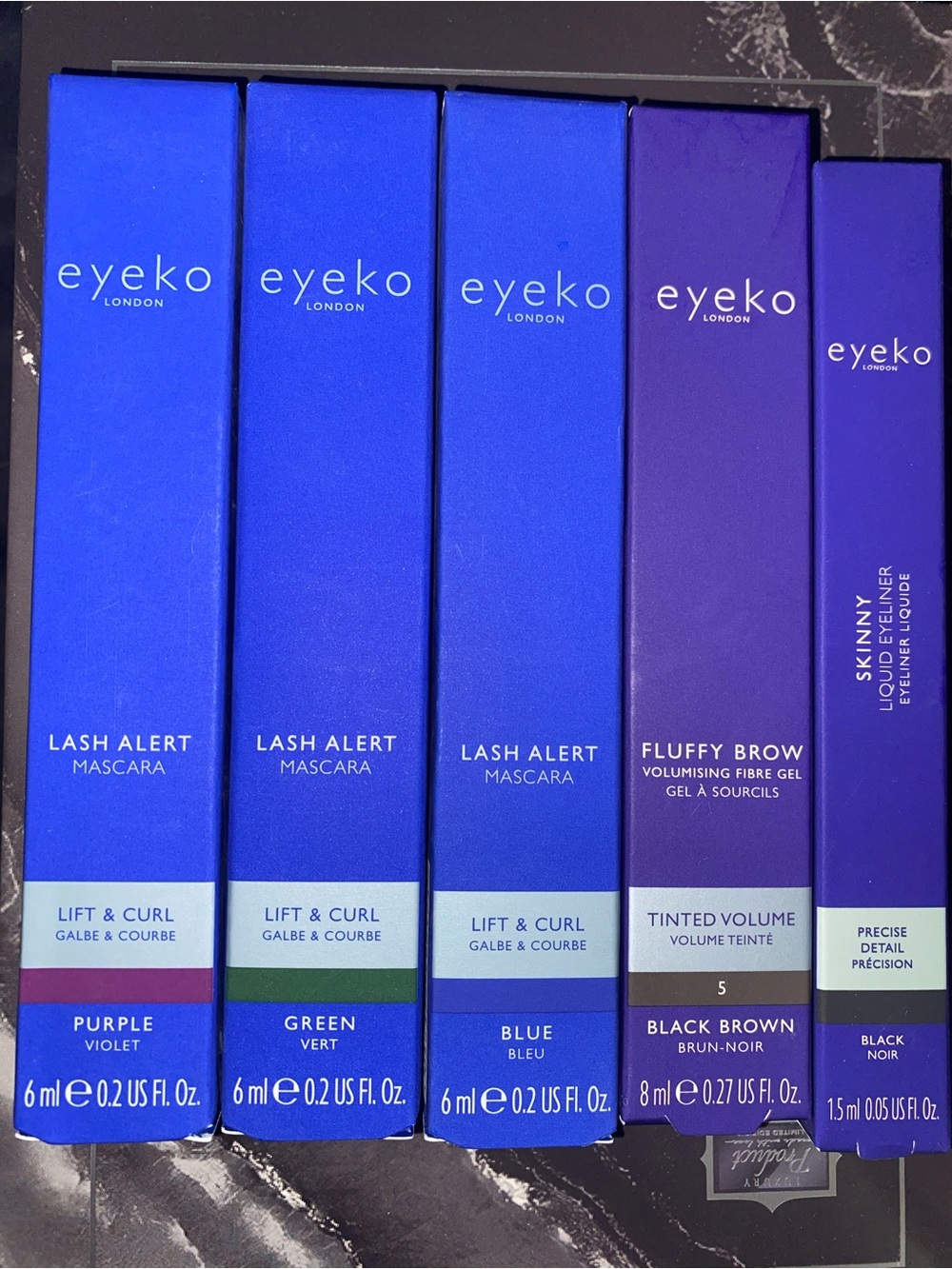 3 Eyeko Mascara Blue, Green, Purple/1 Black Brown fluffy Brow/1 Black EyeLiner